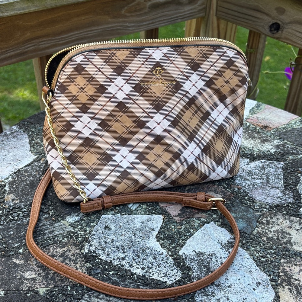 Nanette Lepore Tan and White Plaid Crossbody Bag